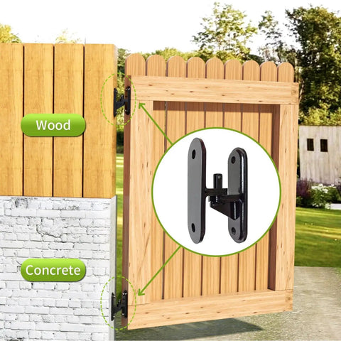 Heavy Duty Gate Hinges Set 2 Pack With 600 Lb Capacity Wall Mount Steel Rust Proof Hardware For Farm Fences And Driveway Gates Anti Sag Design For Wood Or Concrete Posts Weather Resistant Steel Construction With Easy Install And Durable Outdoor Use installed on wood and concrete gate.