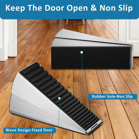 Two Pack Heavy Duty Door Stopper With Spring Loaded Adjustable Height Up To Three Inches Tall Wedge shown on wooden floor with rubber grip