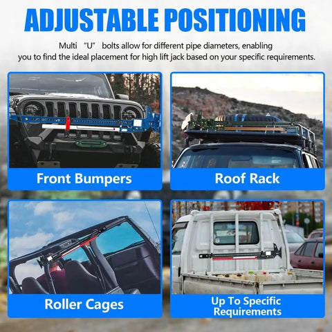 Hi Lift Jack Tube Mount For 1 To 2.5 Inch Tubing Fits Polaris RZR Offroad Rigs Universal Vehicle And Truck Adjustable High Lift Jack Mounting Aluminum With Stainless Hardware installed on various vehicle parts like bumpers and racks.