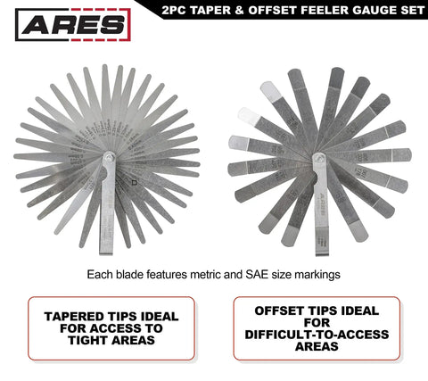Two Piece Tapered And Offset Feeler Gauge Set With 32 Dual Marked SAE And Metric Blades And 16 Offset Dual Marked Blades For Tight Spaces To Precisely Measure Mechanical Clearances In Automotive And Machine Shop Jobs Pro Grade