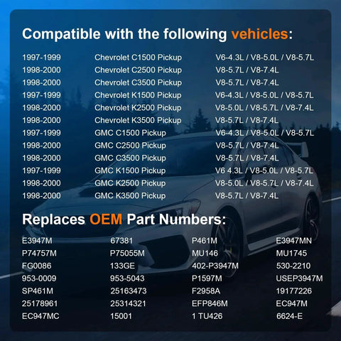 Compatibility chart for Chevy GMC Electric Fuel Pump Kit with models and OEM part numbers listed