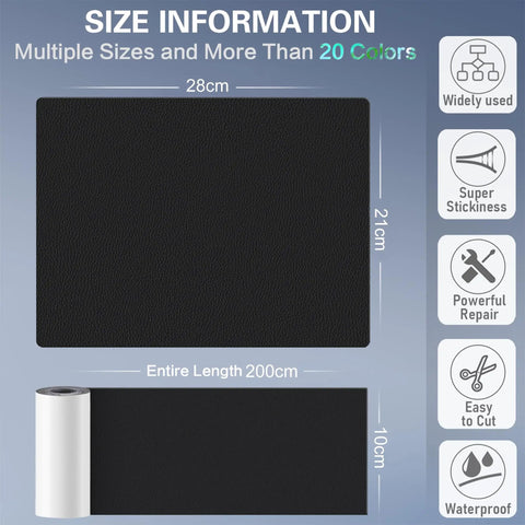 Self Adhesive Leather Repair Patch Kit In Black 4x79 Inch Tape For Couches Seats Furniture Vinyl Car Interiors Quick Fix For Scratches Tears Scuffs And Small Damages size information showing dimensions and usage.
