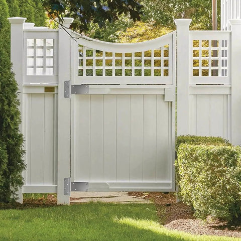 White garden gate with 5 inch heavy duty gate hinges 260 lbs capacity black finish 4 pack with screws included for wooden fences barn doors gates