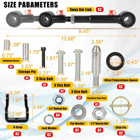 Front adjustable sway bar quick disconnects for Jeep TJ/XJ, 2-pack with bolts, nuts, washers for 2.5-6 in lift