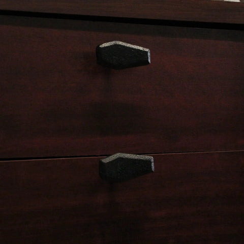 Gothic Black Cast Iron Coffin Drawer Pulls, 6-Piece Set installed on dark wood cabinet