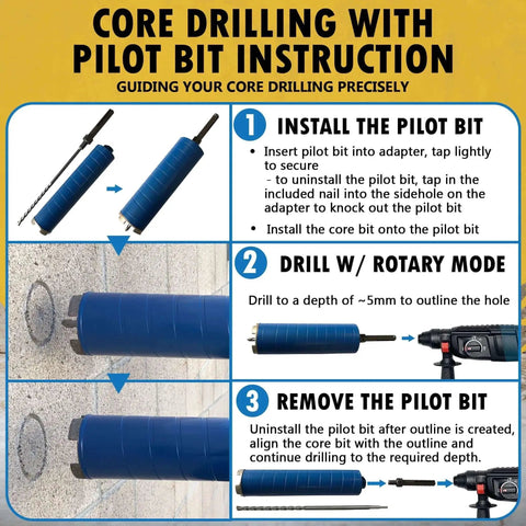 Core drilling with pilot bit instructions for Heavy Duty Pro Grade 4 Inch Diamond Core Drill Bit.