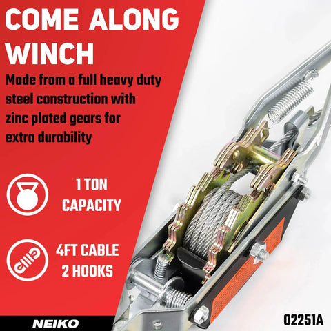 1 Ton Come Along Winch With Dual Gears And 5.9 Ft Cable, 2 Hooks, heavy-duty steel construction, side view showing components