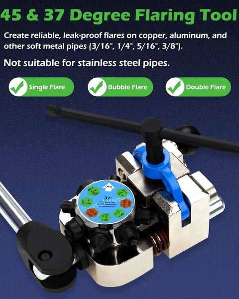 Pro Grade Brake Line Flare Tool Kit With Dual 45 And 37 Degree Flare, featuring single, bubble, and double flare options for tubing.