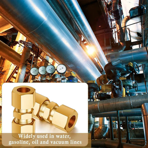 4 Pack Brass Compression Tube Fittings 3/8 Inch OD Union Connectors with watertight seal shown in industrial setting