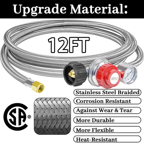 12ft stainless steel braided propane hose with regulator, gauge, and QCC1 3/8 flare fitting