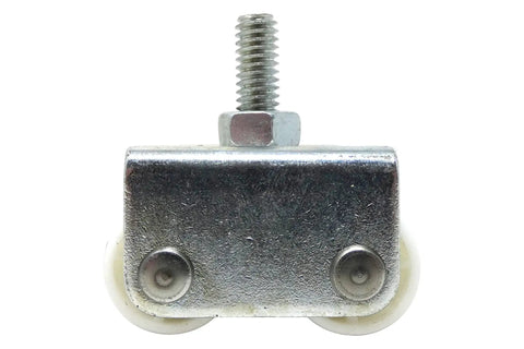 Front view of a 7/8-Inch Threaded Stem Appliance Caster Set With Dual Wheels White 4-Pack Low Profile 1-1/2-Inch Wide Twin Wheels Jam Nuts.