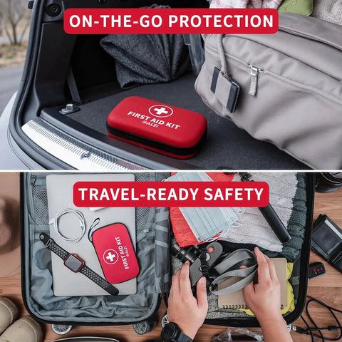 All Purpose 184 Piece First Aid Kit for home, travel, car, office, and worksites shown in trunk and suitcase with supplies.