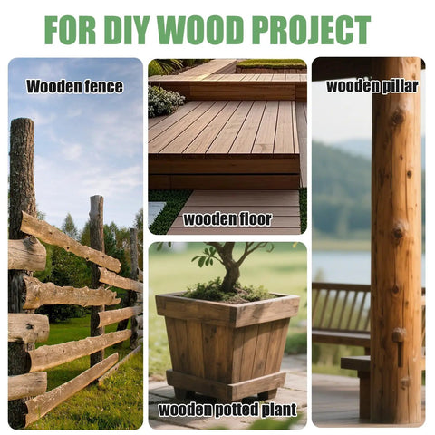 Wooden fence, floor, potted plant, and pillar for DIY wood projects.