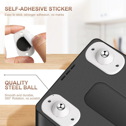 Close-up of 8 Pack Self Adhesive Appliance Casters Wheels showing installation on kitchen appliance with self-adhesive sticker and swivel balls