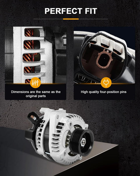 Alternator Replacement For Honda Accord 3.5L 2013 2014 2015 2016 2017 Direct Fit High Output Beefed Up Upgrade With Easy Install Reliable Charging System Heavy Duty Auto Part with focus on detailed product features like dimensions and connector pins.