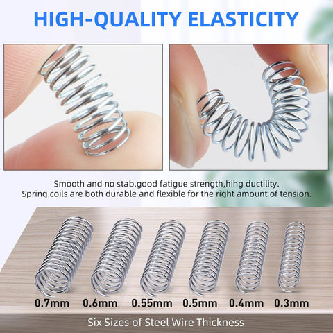 Stainless steel compression springs set, 300 pcs in six thickness sizes (0.7–0.3mm) with individual bags.
