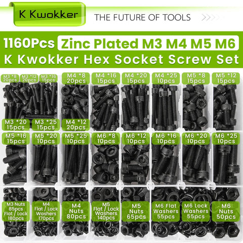 1160Pcs Metric Bolts And Nuts Kit With M3 M4 M5 M6 Hex Socket Head Cap Screws, 12.9 Alloy Steel, Zinc Plated, organized in box