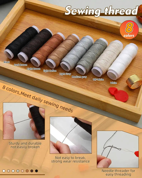 Heavy Duty Upholstery Repair Kit With Fifty Pieces Eight Thread Colors Thirty Two Upholstery Needles Two Awls Rippers Scissors Thimble Needle Threader Ruler And Storage Bag For Car Seats Sofas Shoes Backpacks And Diy Craft showing eight thread colors on a tray.