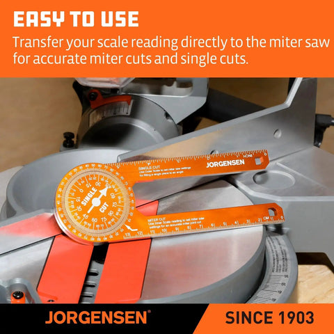 7 Inch Aluminum Miter Saw Protractor With Laser Etched Scales And Precision Angle Finder in use on a miter saw for woodworking