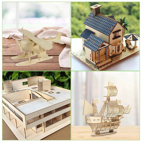 Models made from 12 Pack Baltic Birch Plywood Sheets 16 By 12 By One Sixteenth Inch Unfinished Wood For Arts And Crafts Pyrography Wood Engraving Laser Cutting Burning Painting And Architectural Model Making DIY Friendly, including a plane, house, ship, and building.