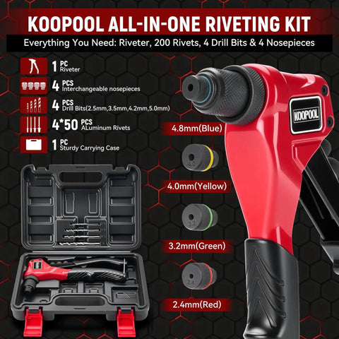 Adjustable Stroke Rivet Gun Kit With Heavy Duty Hand Riveter Includes 200 Aluminum Rivets, 4 Drill Bits, 4 Tool Free Rivet Heads And Sturdy Carry Case For Metal Plastic Leather Projects Perfect For Auto Repair with open case view showing components.