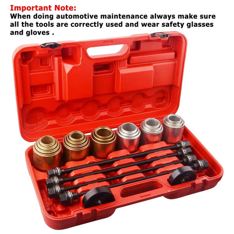 Universal Press And Pull Sleeve Tool Kit For Removing And Installing Bushings And Bearings in red case, 20 sleeves, 4 spindles visible