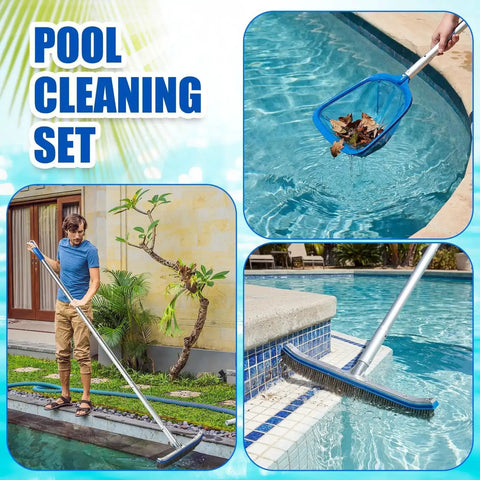 No Fuss Three Piece Pool Cleaning Kit With Skimmer Net, Extendable Aluminum Pole, And Stainless Steel Pool Brush in action