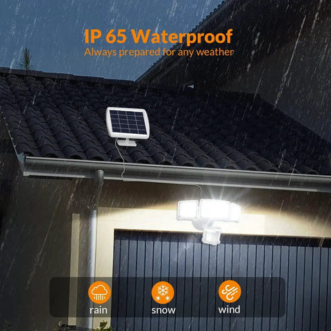 Solar Powered Motion Sensor Outdoor Light With 1600 Lumen White Flood Beams IP65 Waterproof Three Adjustable Heads on garage