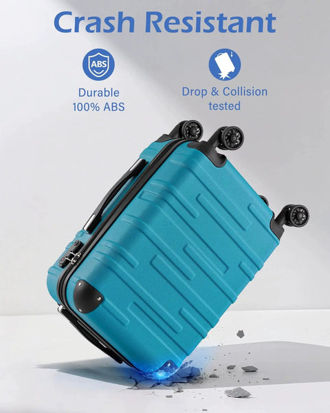 Lake Blue Three Piece Hardside Luggage Set By Coolife with TSA Lock, showing crash-resistant lightweight ABS shell.