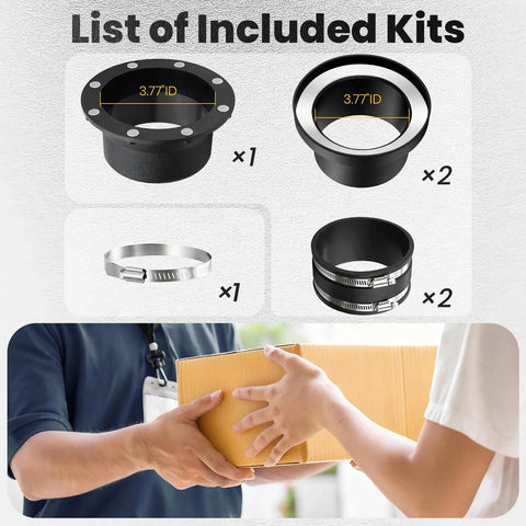 4-inch magnetic dust collection fittings kit with 3.77" ID flange, two 3.77" ID rings, one hose clamp, and two rubber couplers