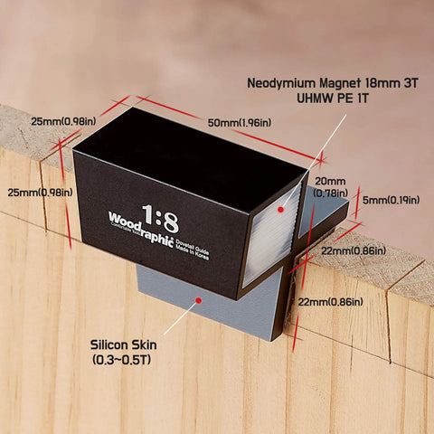 Complete Dovetail Guide Set With Magnetic Layout Tool for Pro Grade Precision Woodworking shown with measurements and details.