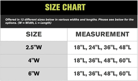 Size chart for Therapeutic Nylatex Wrap showing widths of 2.5, 4, 6 inches and lengths of 18, 24, 36, 48, 60 inches.