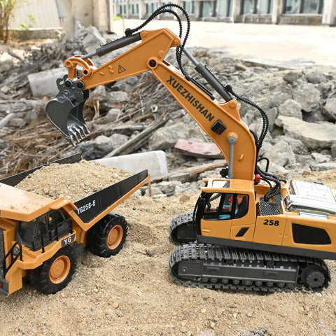Epic RC Excavator Toy With 680 Degree Rotation, metal shovel loading dirt into toy dump truck on a construction site