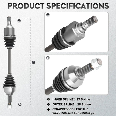 Nissan Altima 2.5L Front CV Axle Shaft Assembly Pair Fit 2007-2013 Not Hybrid Also Compatible With Rogue 2008-2013 And Rogue Select 2014-2015 Front Wheel Drive Only Driver And Passenger Side Easy Install, showing detailed specifications of inner and outer spline measurements.