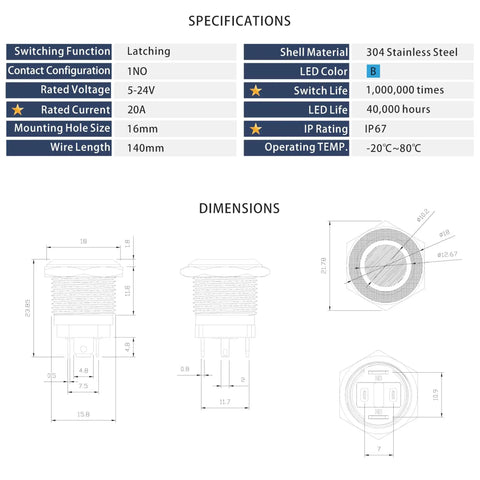 Specifications and dimensions of LED Latching Push Button Switch 16mm Stainless Steel IP67 Waterproof 5-24V 20A 1NO With Wire Socket Plug Blue For Marine Auto Security Gear And DIY Projects.
