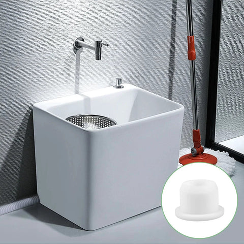 36 Piece Bathtub Jet Covers Set In 6 Sizes Fits 12mm 13mm 14mm 15mm 16mm And 17mm Hole, shown with sink and mop in bathroom setting
