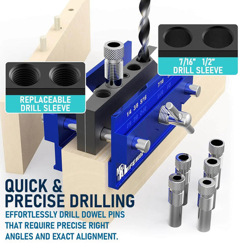 Self Centering Doweling Jig Kit For Straight Holes With Six Drill Guide Bushings Pro Grade Biscuit Joiner Tool Adjustable Width Drilling Guide Durable Aircraft Grade Aluminum Easy Setup For Precise Woodworking Blue in use showcasing drill sleeves and precise alignment.