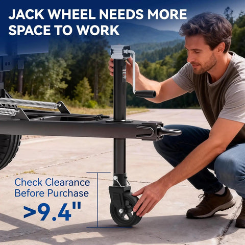 Person installing 1500 Lb Trailer Jack Swivel Caster Replacement with Upgraded 6 Inch Spoked Wheel and Pin for 2 Inch Diameter Jack Tubes