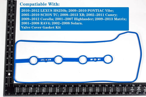 Valve Cover Gasket And 650F High Temperature Gasket Maker For 2.0L 2.4L L4 Engines displayed on ruler scale