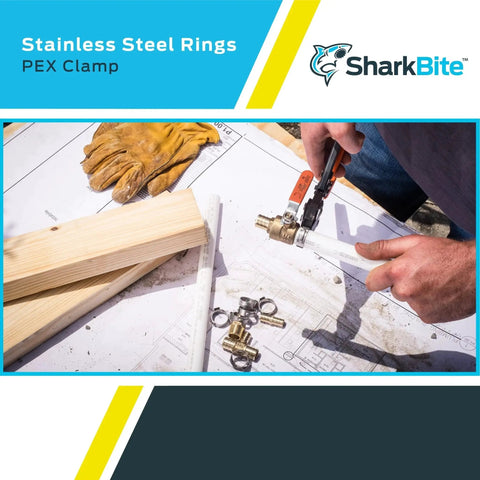 Installing Half Inch Clamp Ring Pack Of 100 For PEX And PE RT Pipes Stainless Steel Plumbing Fittings on a workbench with tools.