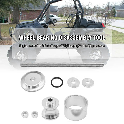 Precision Wheel Bearing Reinstall Tool For 40mm And 44mm Bearings with components displayed in front of a Polaris Ranger ATV