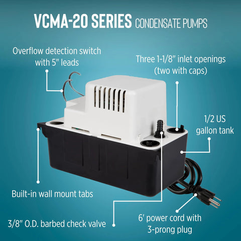 Little Giant VCMA-20ULST condensate pump, white/black, 115V, 80 GPH for HVAC/refrigeration.