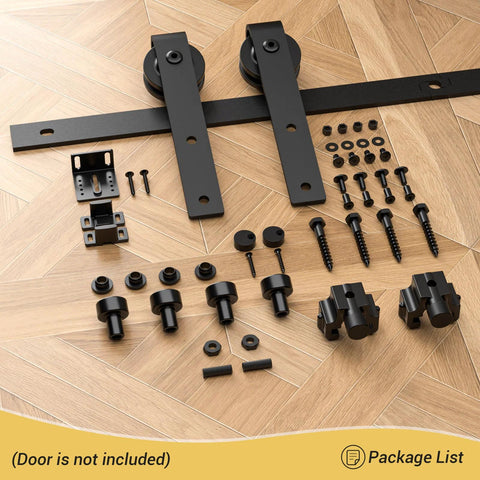 Sliding Barn Door Hardware Kit For Closet And Cabinet, 4 Ft Track System, Carbon Steel With Frosted Black Finish, components displayed
