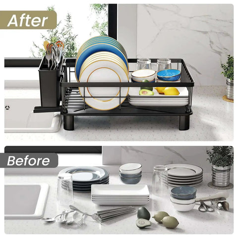 Before and after showing Space Saving Dish Rack For Small Kitchens With Utensil Holder And Drainboard, Angled Drainer In Stainless Steel