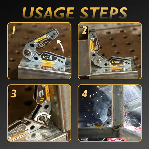 Steps demonstrating Adjustable Angle Welding Magnet With 20 To 200 Degree Range And 48 Lbs Magnetic Hold For Ferrous Parts.