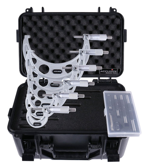 Ultra Precision Six Piece Outside Micrometer Set With Dial Bore Gauge Kit 0 To 6 Inch Range in a sturdy case, showing micrometers and accessories.