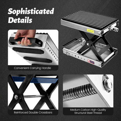 Beefy 1500 Lbs Motorcycle Jack With Thick 0.48 Inch Rubber Pad and Carrying Handle shown with reinforced crossbars