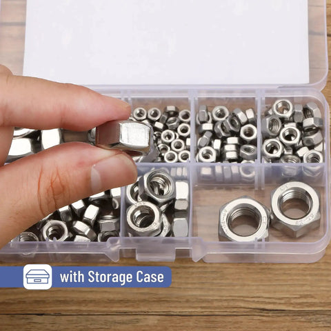 Metric Hex Nut Set, 145-Piece Assortment Kit With 7 Sizes M3 M4 M5 M6 M8 M10 M12, 304 Stainless Steel Nuts in storage case