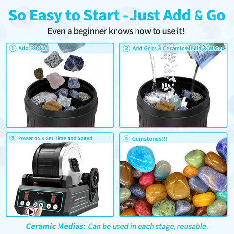 Pro Grade Brushless Rock Tumbler Polisher Kit With 2.5Lb Large Barrel, showing rock, grit addition, and polished gemstones