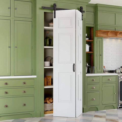 Paintable Bifold Barn Door With Hardware Kit Included No Assembly Required No Fuss Space Saving Design That Fully Folds Open For Easy Access And A Modern Look 6 Panel Bi Fold Door With 40 Inch Track Kit For Two Doors Pre Drilled Holes installed in a kitchen pantry